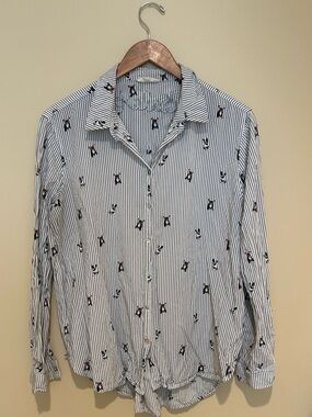 Jane and Delancey Navy and White Striped Shirt with French Bulldogs Size XL